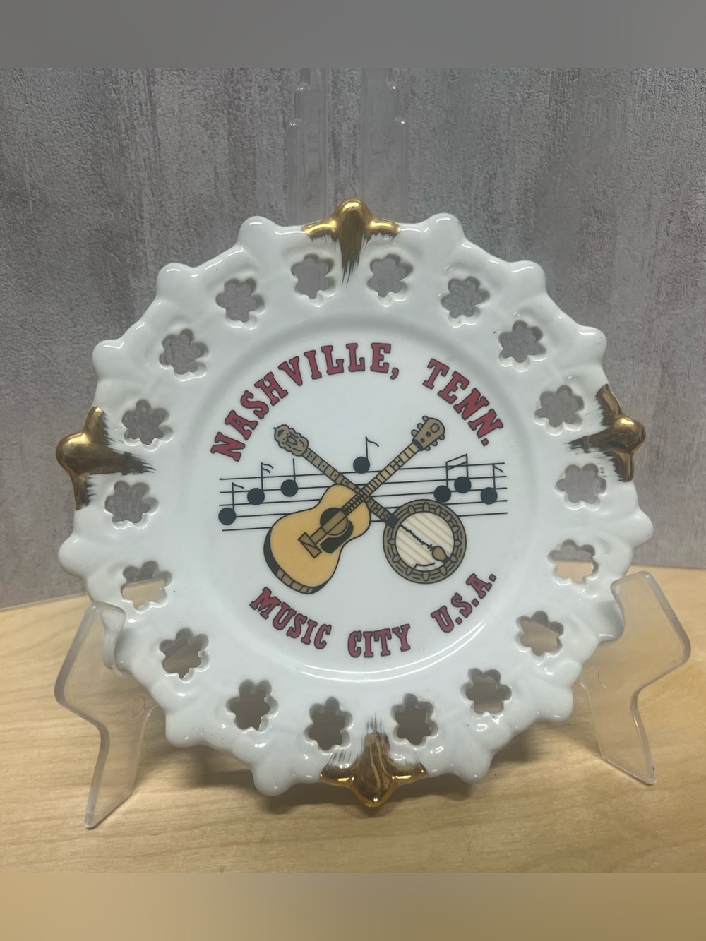 Vintage Nashville Music City Decorative Porcelain Souvenir Plate with Gold Trim